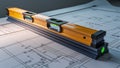 Photorealistic image of a level tool next to a blueprint Royalty Free Stock Photo