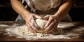 Photorealistic image of male hands kneading dough.