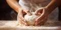 Photorealistic image of male hands kneading dough.