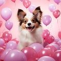 A photorealistic image of a Papillon puppy surrounded pink love-shaped balloons by AI generated