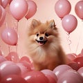 A photorealistic image of a Pomeranian puppy surrounded pink love-shaped balloons by AI generated