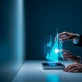 Photorealistic image of professional hands, cropped at the wrist, analyzing deep blue holographic data showing a growing algorithm Royalty Free Stock Photo