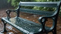 Photorealistic image of a rain droplets on iron garden bench Royalty Free Stock Photo