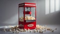 Photorealistic image of a retro-style popcorn machine with red base and clear top in a studio setting Royalty Free Stock Photo