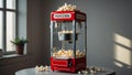 Photorealistic image of a retro-style popcorn machine with red base and clear top in a studio setting Royalty Free Stock Photo
