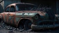 A photorealistic image of a rusted vintage car