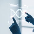 Photorealistic image of a scientist\'s gloved hands analyzing a luminous, swirling double-helix DNA sequence on a high-tech transp Royalty Free Stock Photo