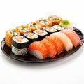 Photorealistic image of a set of Japanese sushi. Japanese traditional food. Royalty Free Stock Photo