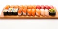 Photorealistic image of a set of Japanese sushi. Japanese traditional food. Royalty Free Stock Photo