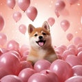 A photorealistic image of a Shiba Inu puppy surrounded pink love-shaped balloons by AI generated