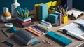 a photorealistic image showcasing a collection of different types of office supplies Royalty Free Stock Photo