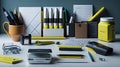 a photorealistic image showcasing a collection of different types of office supplies