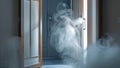 Photorealistic image of a steam on mirror behind open door Royalty Free Stock Photo