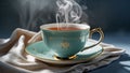 Photorealistic image of a teacup steaming on soft cloth Royalty Free Stock Photo