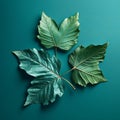 Photorealistic Image Of Three Leaves On Teal Background