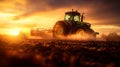 Photorealistic image of a tractor working in a field at sunset. Royalty Free Stock Photo