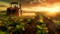Photorealistic image of a tractor working in a field at sunset. Royalty Free Stock Photo