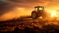 Photorealistic image of a tractor working in a field at sunset. Royalty Free Stock Photo