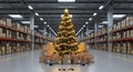 A photorealistic image of a decorated Christmas tree among shipping boxes and delivery drones in an automated logistics warehouse Royalty Free Stock Photo