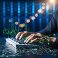 Photorealistic image capturing programmer hands hovering over a futuristic keyboard, surrounded by glowing green matrix code and n Royalty Free Stock Photo