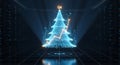 Photorealistic 8K render of a futuristic holographic Christmas tree made of glowing blue and gold financial data streams in a ster Royalty Free Stock Photo