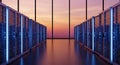 Photorealistic 8K render of a wide, futuristic server room, featuring glowing blue and white data racks, dramatically lit by strea Royalty Free Stock Photo
