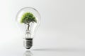 Photorealistic light bulb with green tree inside standing vertically on a table. AI generated Royalty Free Stock Photo