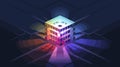 Photorealistic luminous cube emitting vibrant hues, soft reflections on sleek dark background.
