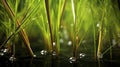 Photorealistic Macro Of Bamboo Eleocharis Ovata In Grassy Area Near Water