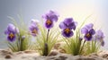 Photorealistic Macro Of Delicate Purple Flowers In Sand