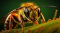 Photorealistic Macro Image Of Bee On A Blade Of Grass