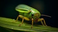 Photorealistic Macro Image Of Green Leafhopper On Dewy Blade Of Grass