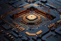 A photorealistic macro photograph of a microchip with intricate details