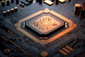 A photorealistic macro photograph of a microchip with intricate details