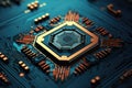 A photorealistic macro photograph of a microchip with intricate details