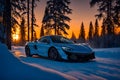 A photorealistic McLaren 720S emerging from a snowy forest with a fiery sunset generative by Ai