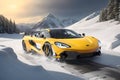 A photorealistic McLaren 720S emerging from a snowy forest with a fiery sunset generative by Ai