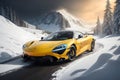 A photorealistic McLaren 720S emerging from a snowy forest with a fiery sunset generative by Ai