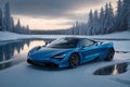 A photorealistic McLaren 720S glistening in the winter\'s embrace with snowflakes generative by Ai