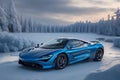 A photorealistic McLaren 720S glistening in the winter\'s embrace with snowflakes generative by Ai