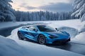 A photorealistic McLaren 720S glistening in the winter\'s embrace with snowflakes generative by Ai