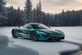 A photorealistic McLaren 720S glistening in the winter\'s embrace with snowflakes generative by Ai