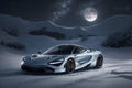 A photorealistic McLaren 720S parked under a moonlit winter sky starry frozen lake generative by Ai