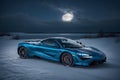 A photorealistic McLaren 720S parked under a moonlit winter sky starry frozen lake generative by Ai