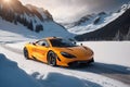 A photorealistic McLaren 720S stands proudly in a snowcovered mountain pass generative by Ai