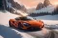 A photorealistic McLaren 720S stands proudly in a snowcovered mountain pass generative by Ai