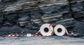 Reflective tape rolls and flagging strips within stockpile face, emphasized with ultrasharp textures, suitable for engineering Royalty Free Stock Photo