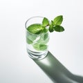 Photorealistic Mint Stem Floating On White Background With Cinematic Shadow