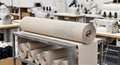 Photorealistic Blank Natural Linen Fabric Roll Mockup on a Workshop Shelf Royalty Free Stock Photo