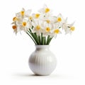 Photorealistic Narcissus In Modern Ceramic Vase On White Background